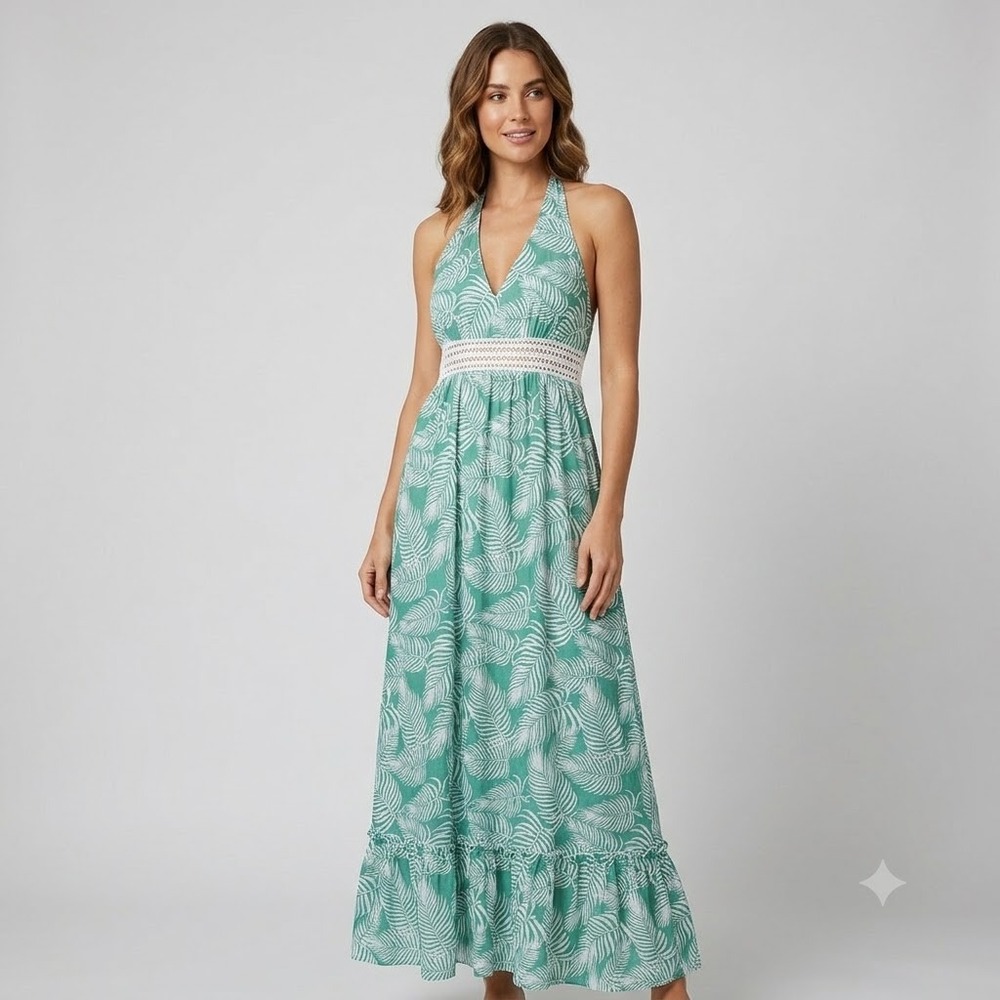 True Destinations Maxi Dress Sz M Green Tropical Halter Crochet Vacation Island